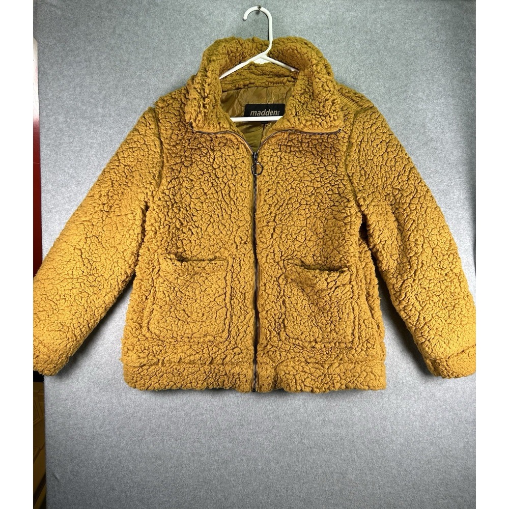 Madden NYC Teddy Fleece Jacket Women S/P Brown Full Zip Pockets Lined Collar